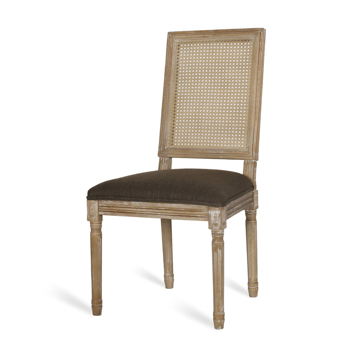 French Country Dining Chair With Rectangular Cane Backrest And Smooth Upholstered Seating