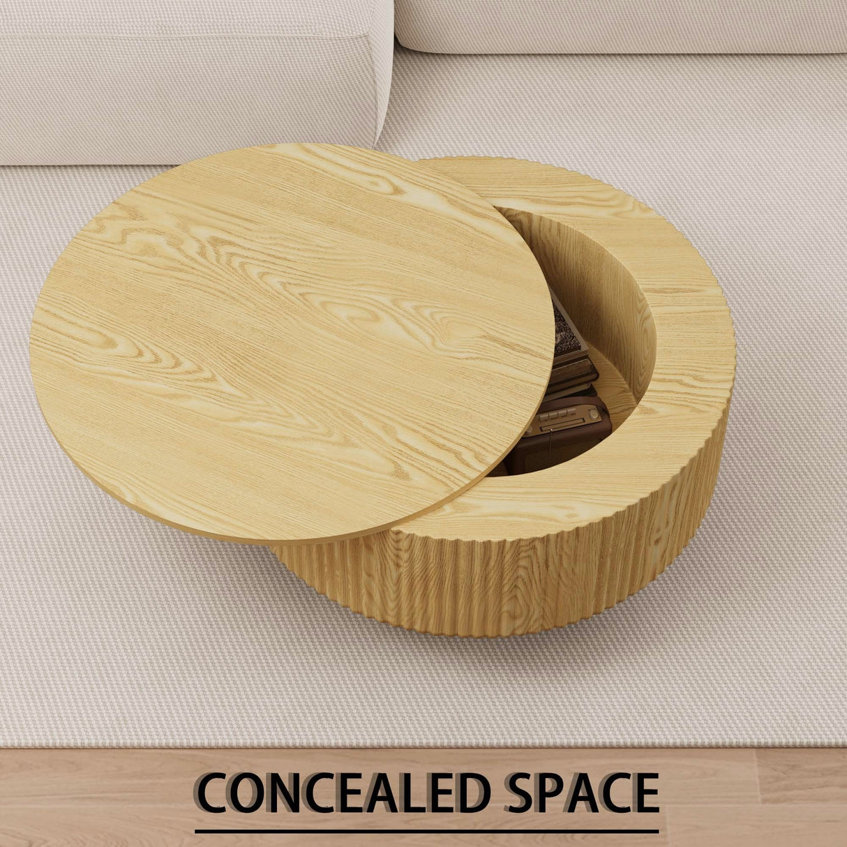 Modern Circular Coffee Table With Stripe Design And Storage Space