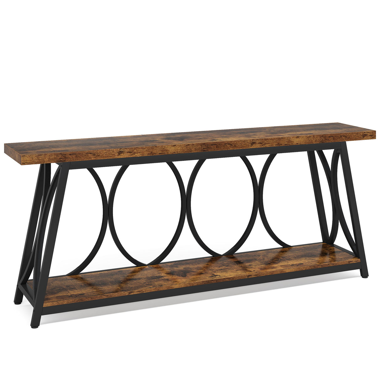 Extra Long Console Table With 2 Tier Storage Shelves For Living Entryway - Brown / Black