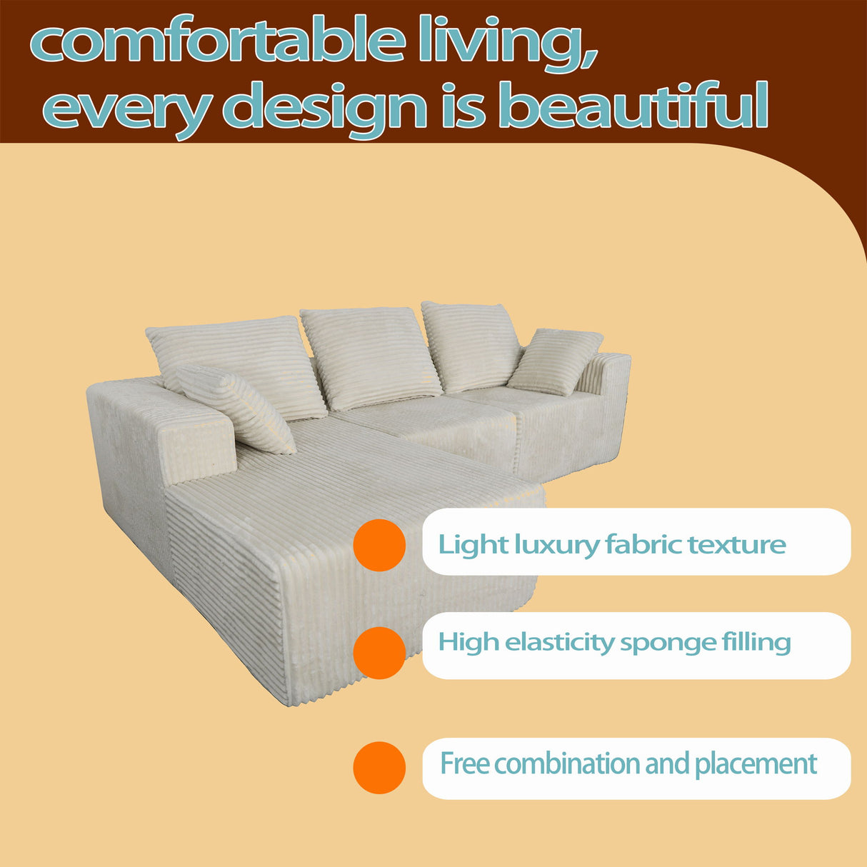 Corner Combination Sofa Sectional Couch With Soft Plush Fabric