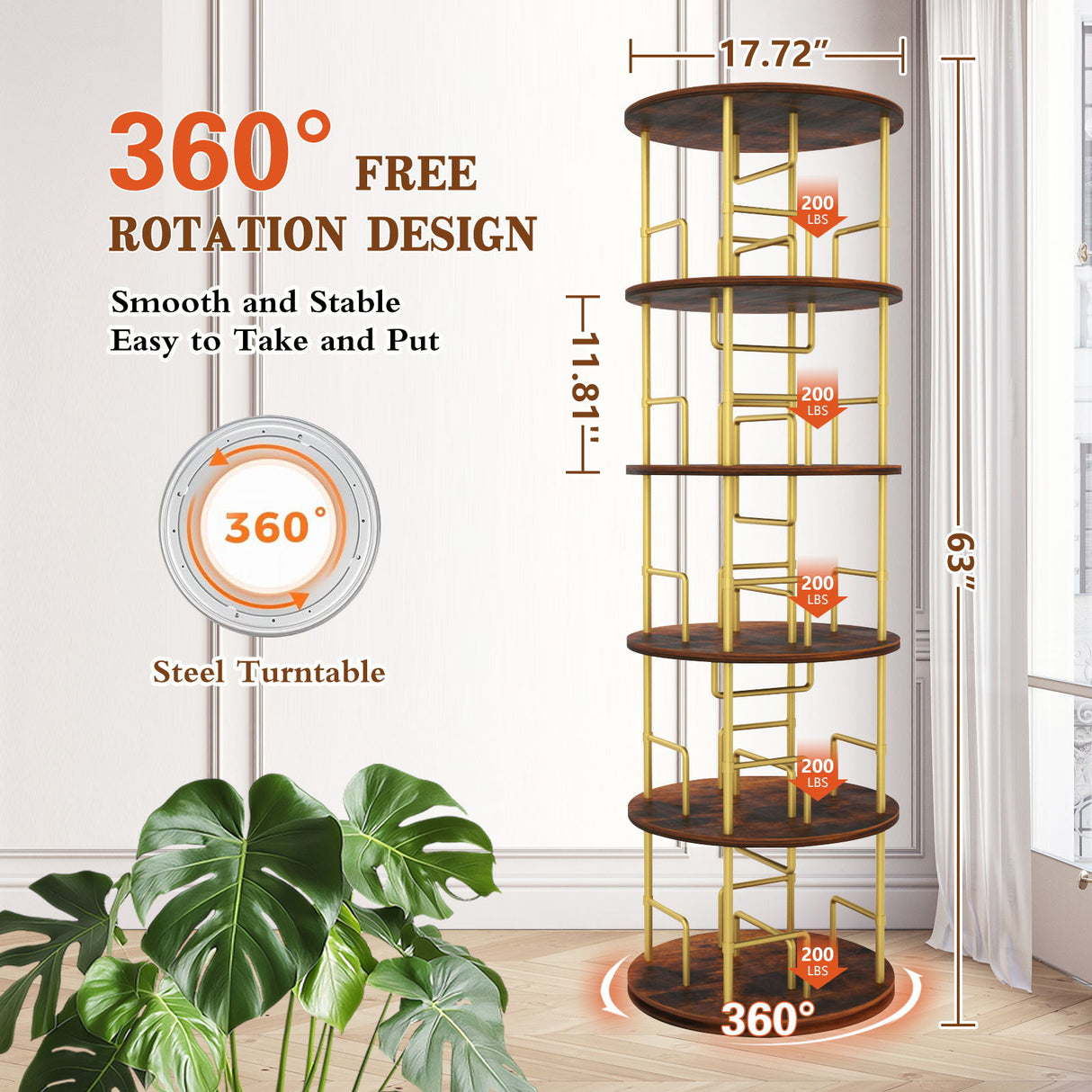 5 Tier 360 Rotating Bookshelf, Display Round Floor Standing Swivel Bookcase For Bedroom - Golden
