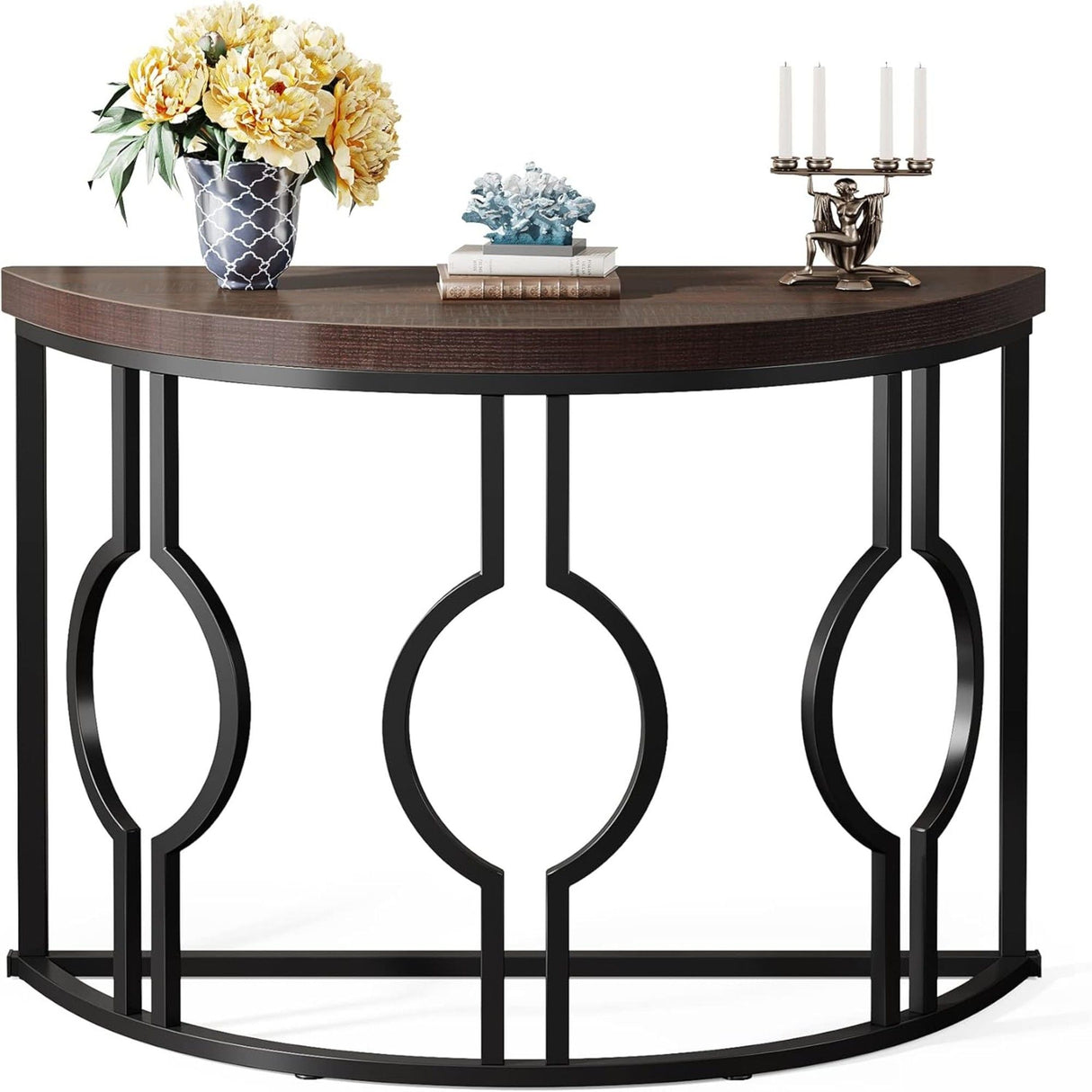 Semi Circle, Half Moon Console Table For Entryway With Geometric Base For Living Hallway - Rustic Brown