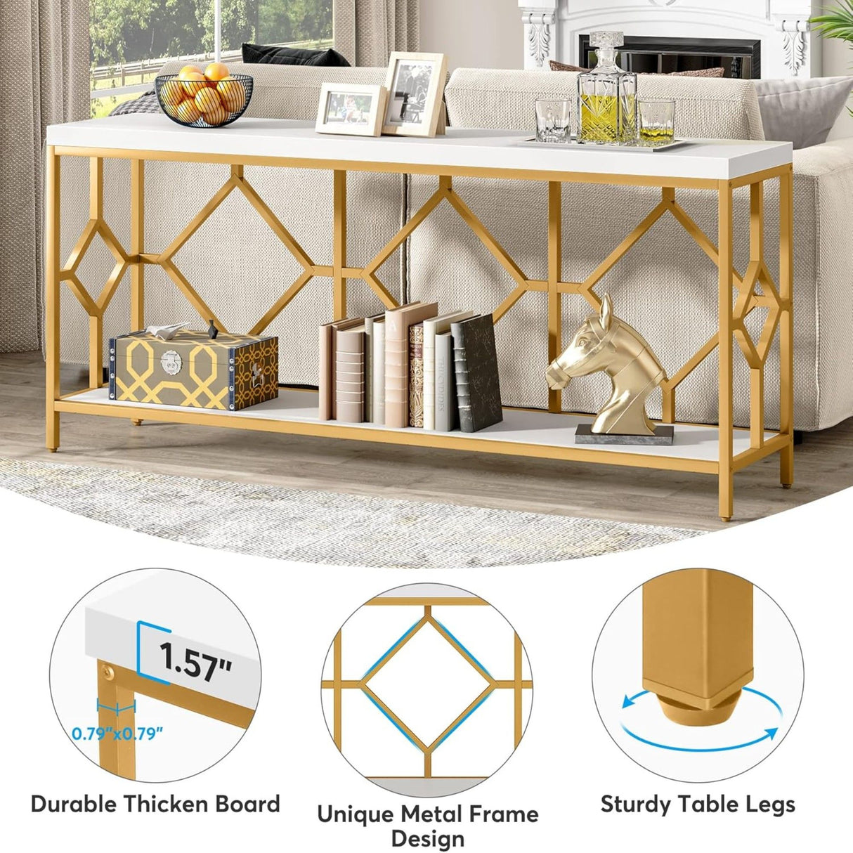 Extra Long Sofa Table With Diamond Pattern Frame, 2 Tier Open Storage For Living Room - White / Gold