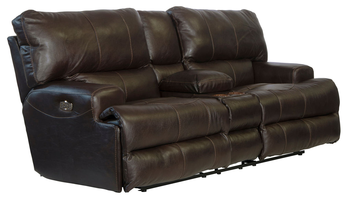 Wembley - Italian Leather Match Power Lay Flat Reclining Console Loveseat With Power Adjustable Headrest & Lumbar - Chocolate