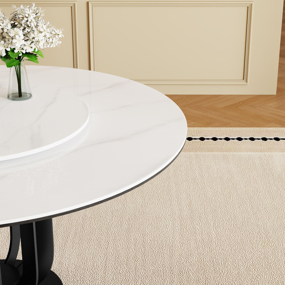 Round Dining Table With Carbon Steel Base And Lazy Susan / For Kitchen And Dining Room, 4 Chairs - Black / White