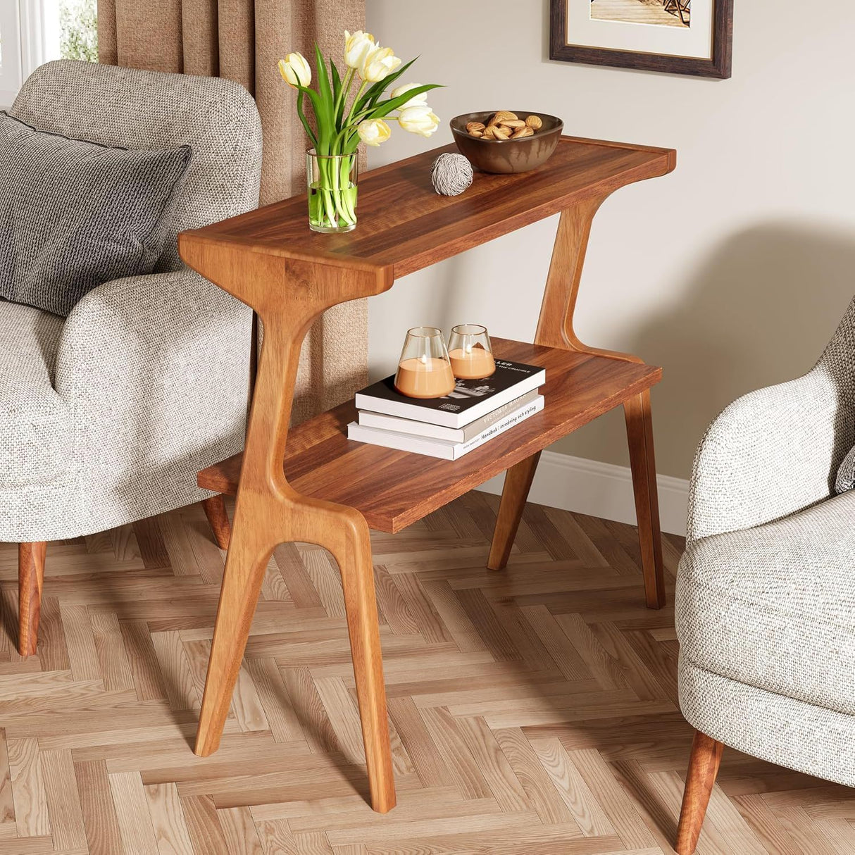 Narrow End Table With 2 Tier Shelf - Cherry