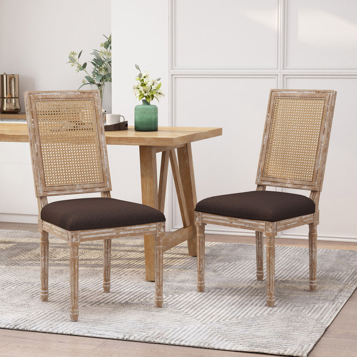 French Country Dining Chair With Rectangular Cane Backrest And Smooth Upholstered Seating