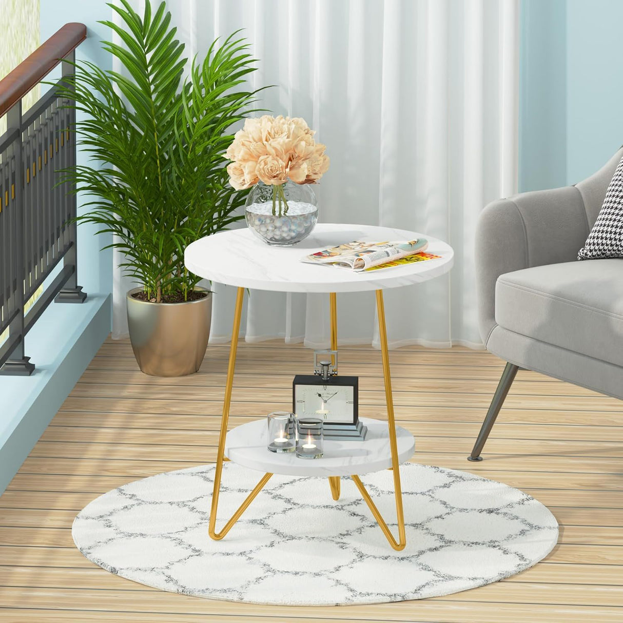 Round End Table With Hairpin Legs, 2 Tier For Living Room - White / Gold