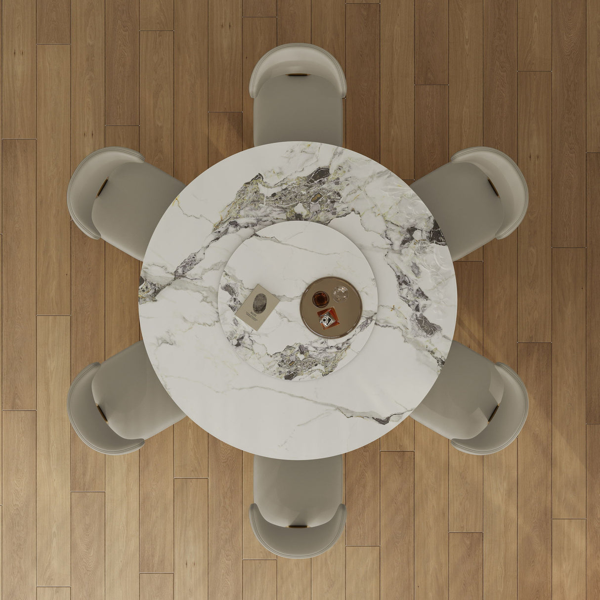 Luxury Round 59" Sintered Stone Dining Table With Stainless Steel Hourglass Base, Scratch & Heat Resistant Surface - Golden / White