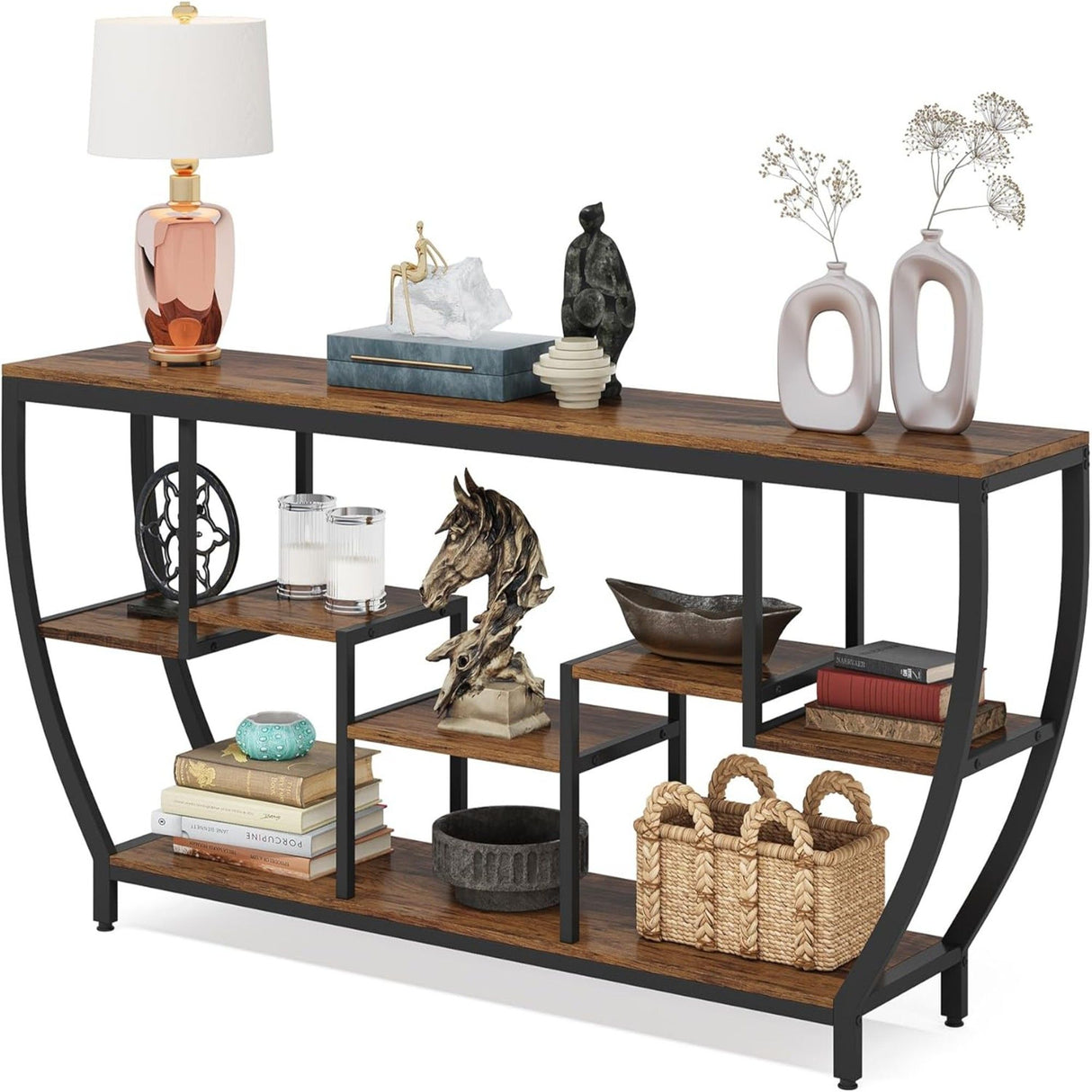 Extra Long Entryway Console Sofa Table With 7 Tier Shelves - Brown / Black