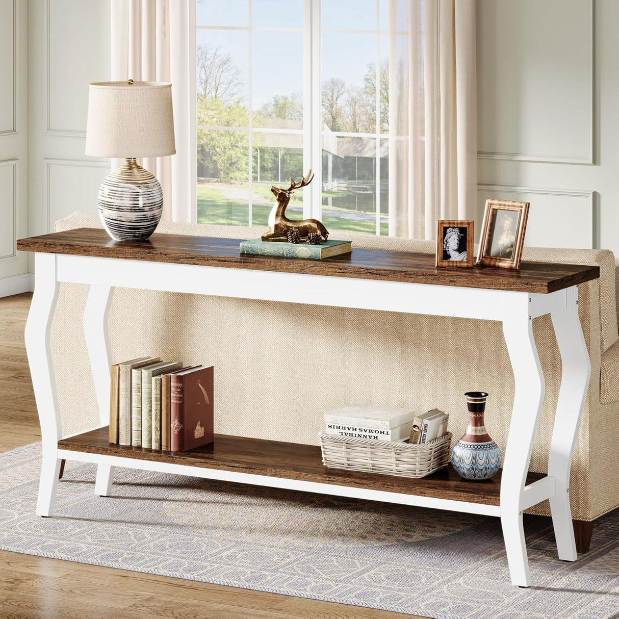 Console Table With Design, Extra Long Sofa Table For Living Entryway - Brown / White