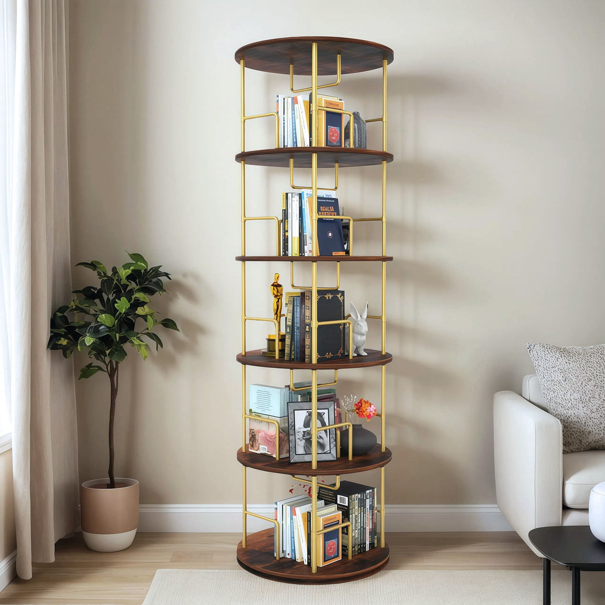 5 Tier 360 Rotating Bookshelf, Display Round Floor Standing Swivel Bookcase For Bedroom - Golden