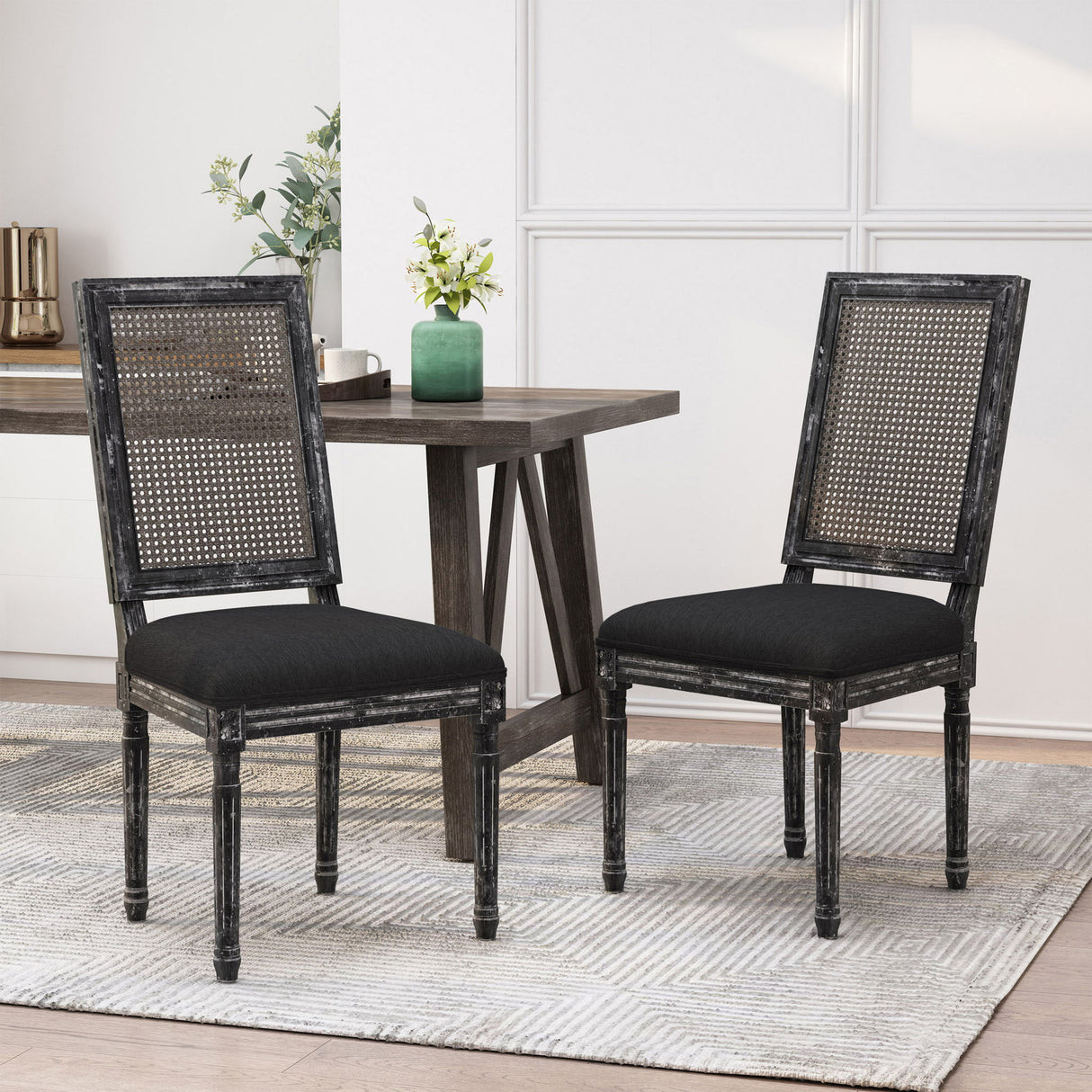 French Country Dining Chair With Rectangular Cane Backrest And Smooth Upholstered Seating