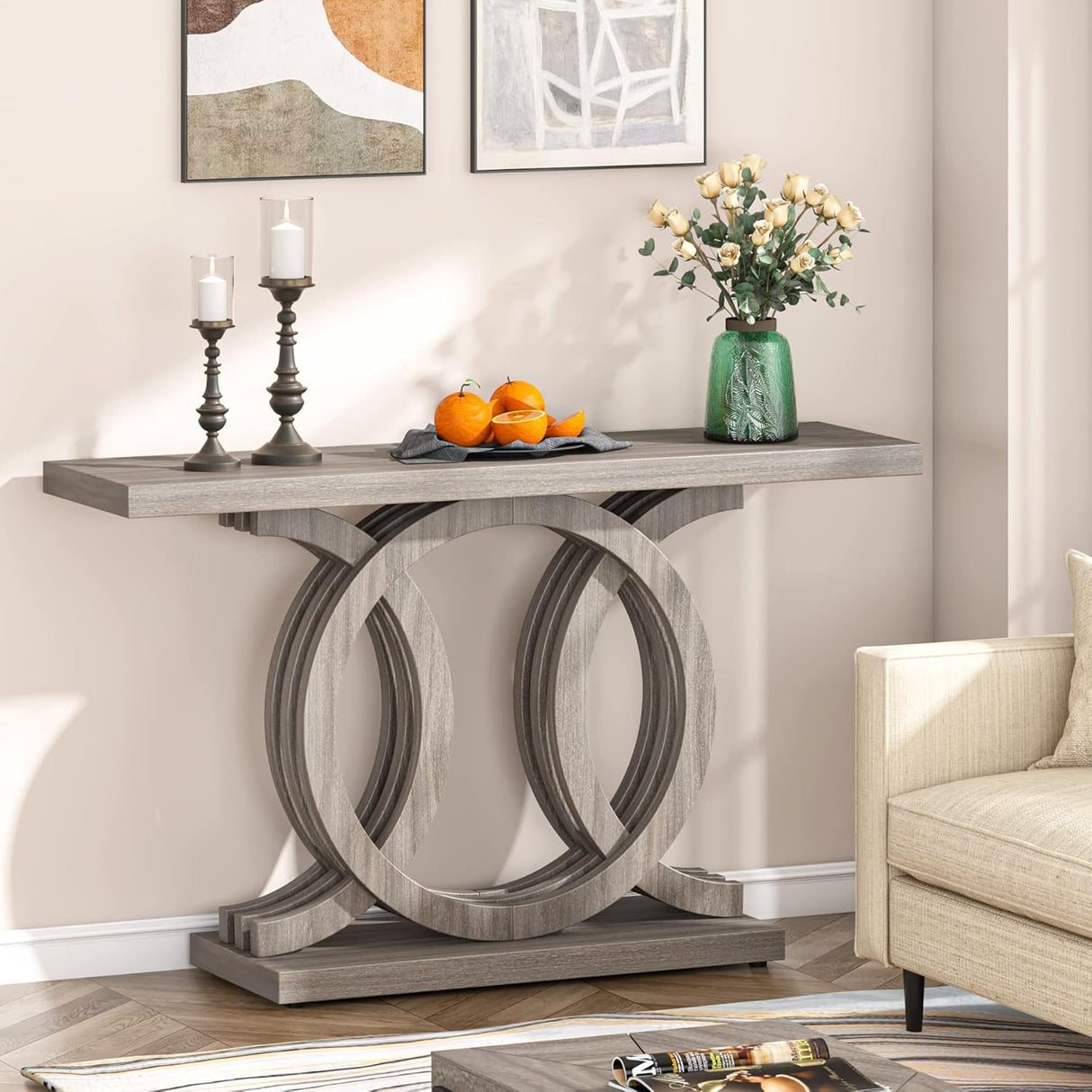 Console Table With Geometric Base For Living Hallway - Gray