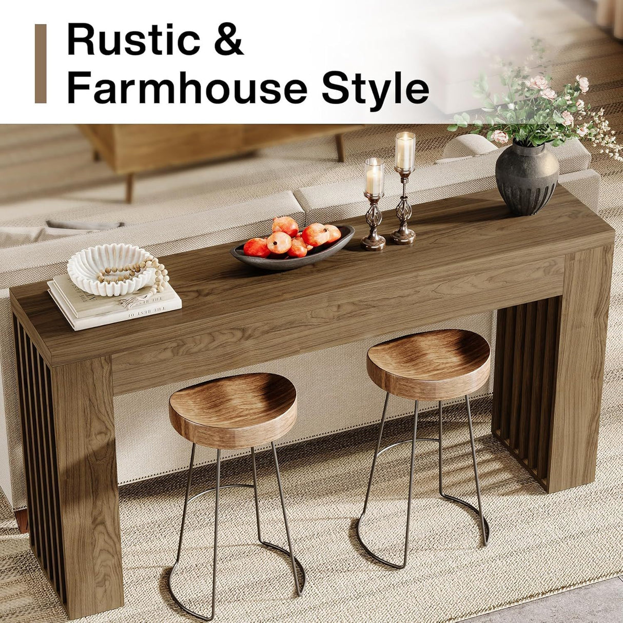 Console Table With Vertical Slat Legs For Entryway - Rustic Brown