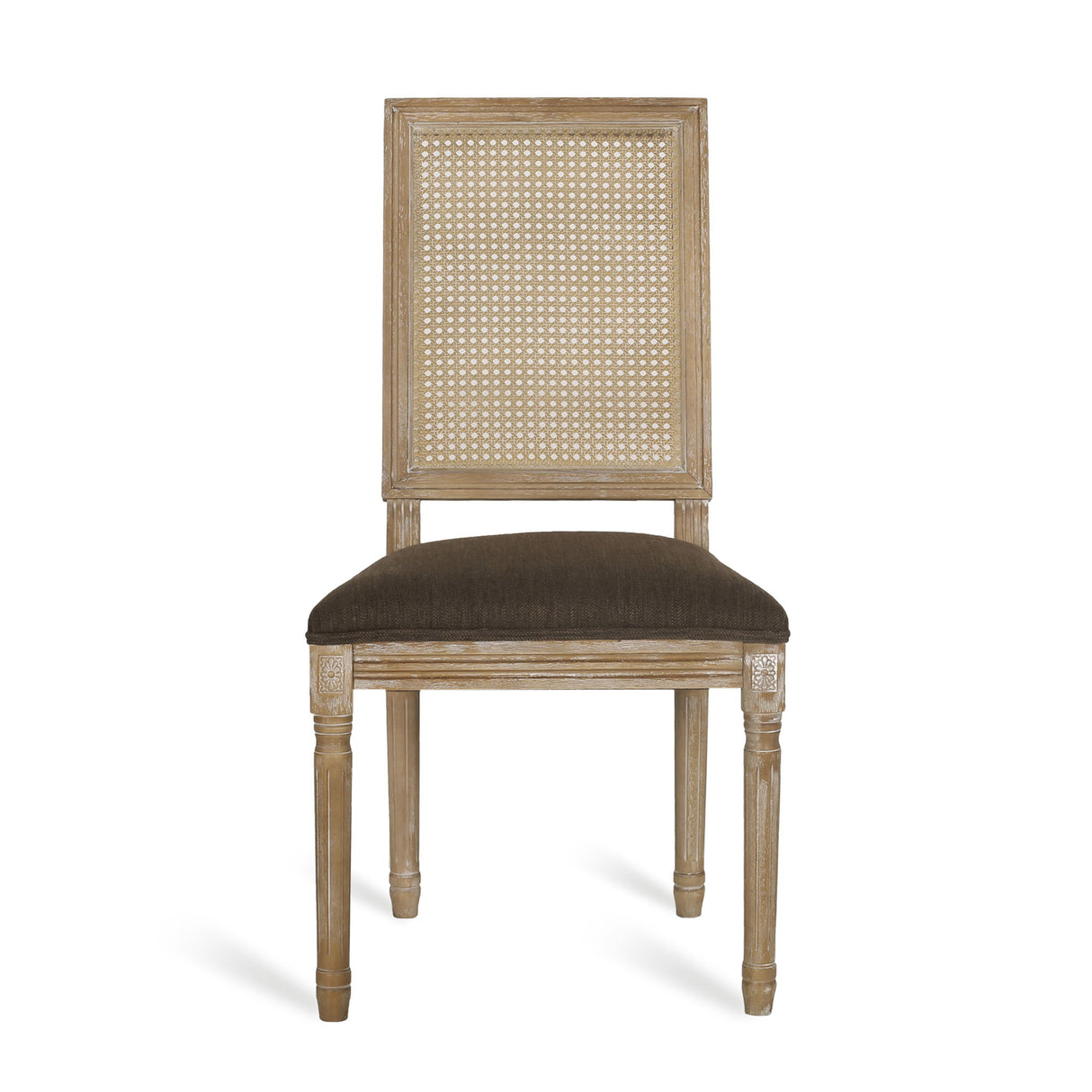 French Country Dining Chair With Rectangular Cane Backrest And Smooth Upholstered Seating