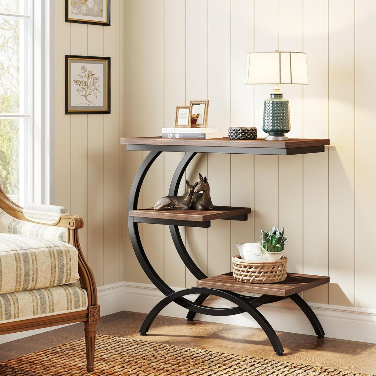 C-Shaped 3 Tier Side Table - Rustic Brown