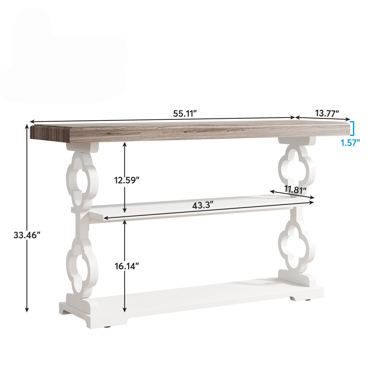 Console Sofa Table With 3 Shelves, Floral Carved Accent - Gray / White