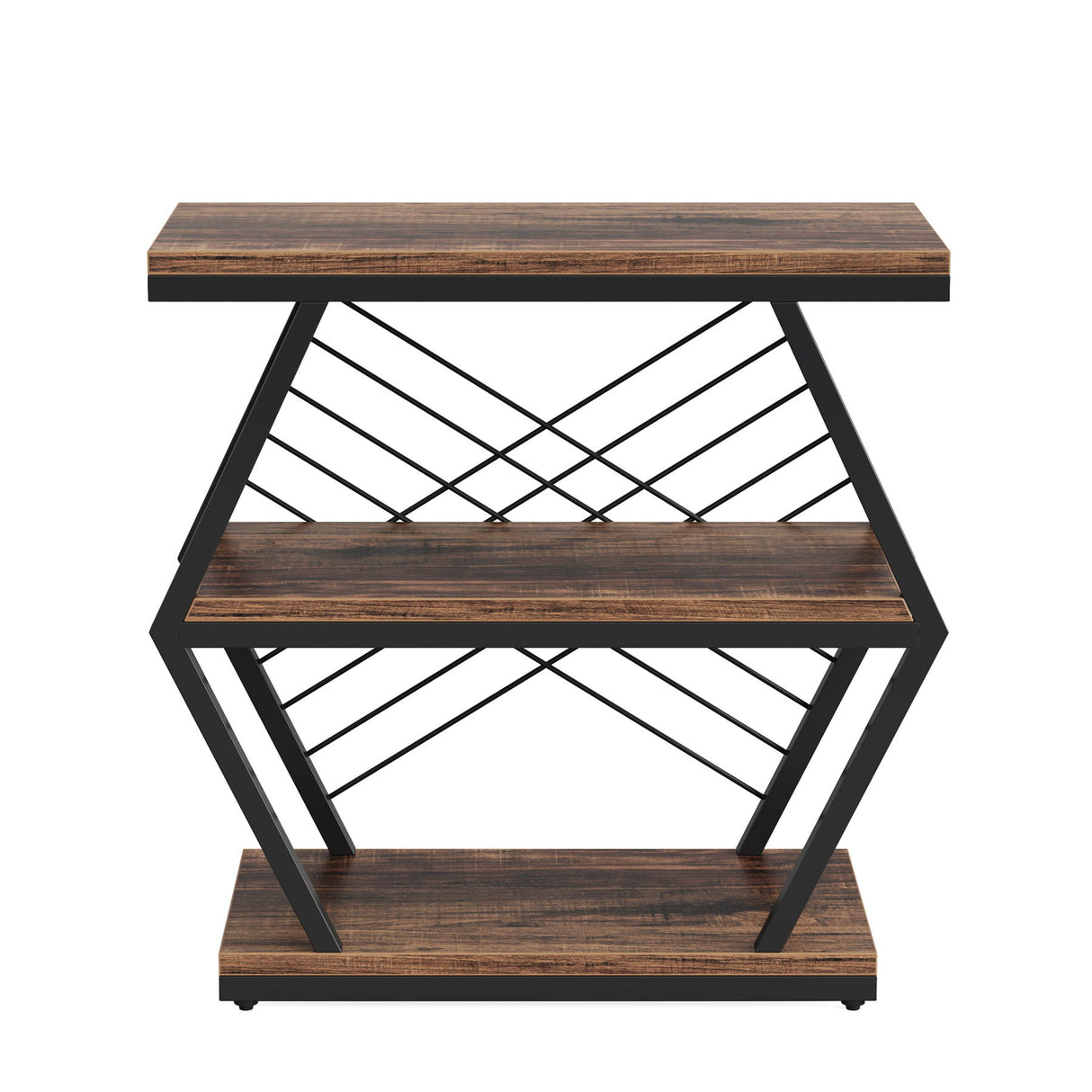3 Tier End Table Frame With Geometric Design For Living Bedroom - Rustic Brown