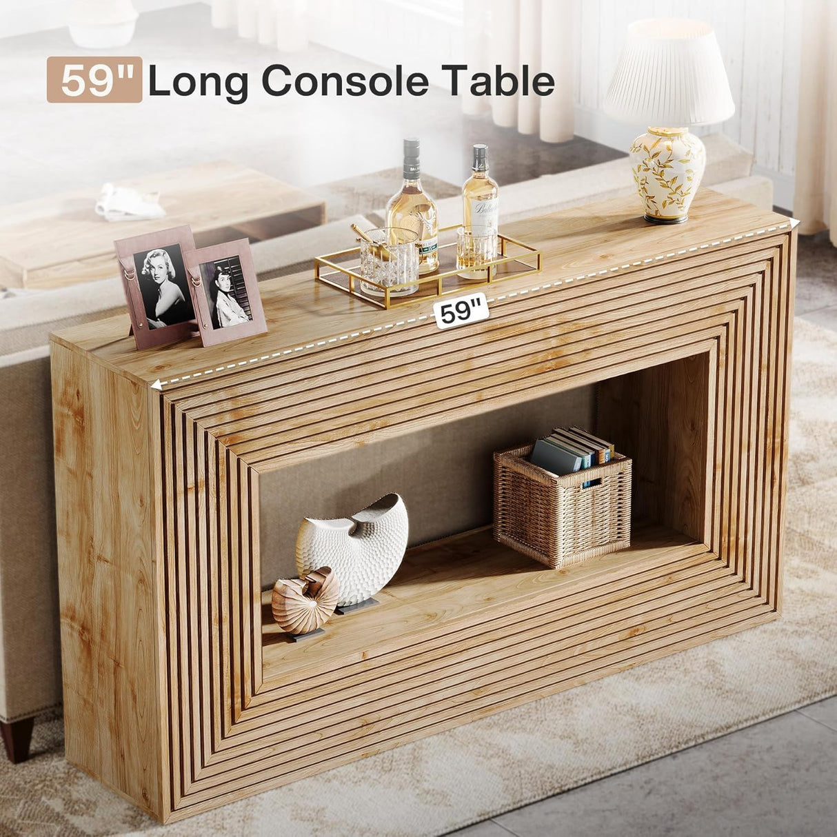 Fluted Console Table, Rectangular Entryway Table With Storage For Living Foyer - Natural Wood