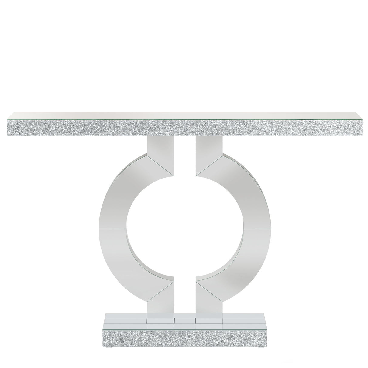 Mirrored Console Table With O-Shaped Base For Living Hallway - Silver / Clear
