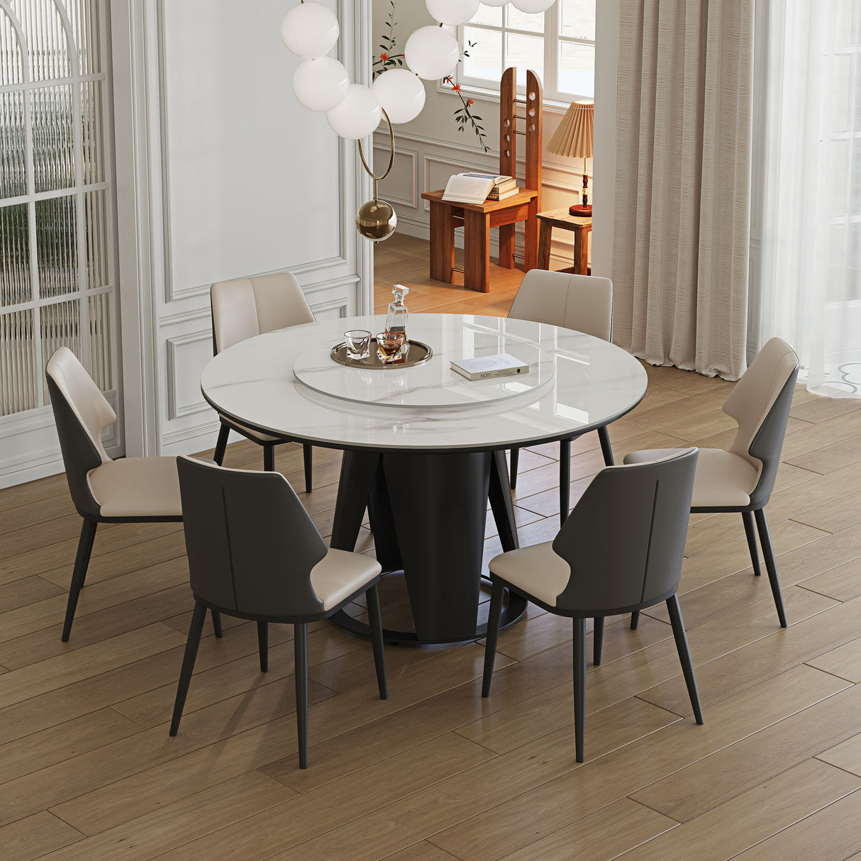 Modern Sintered Stone Dining Table With Round Turntable And Metal Pedestal - White