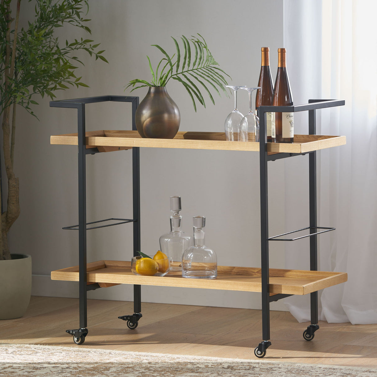 Modern Industrial Bar Cart With Shelving And Casters