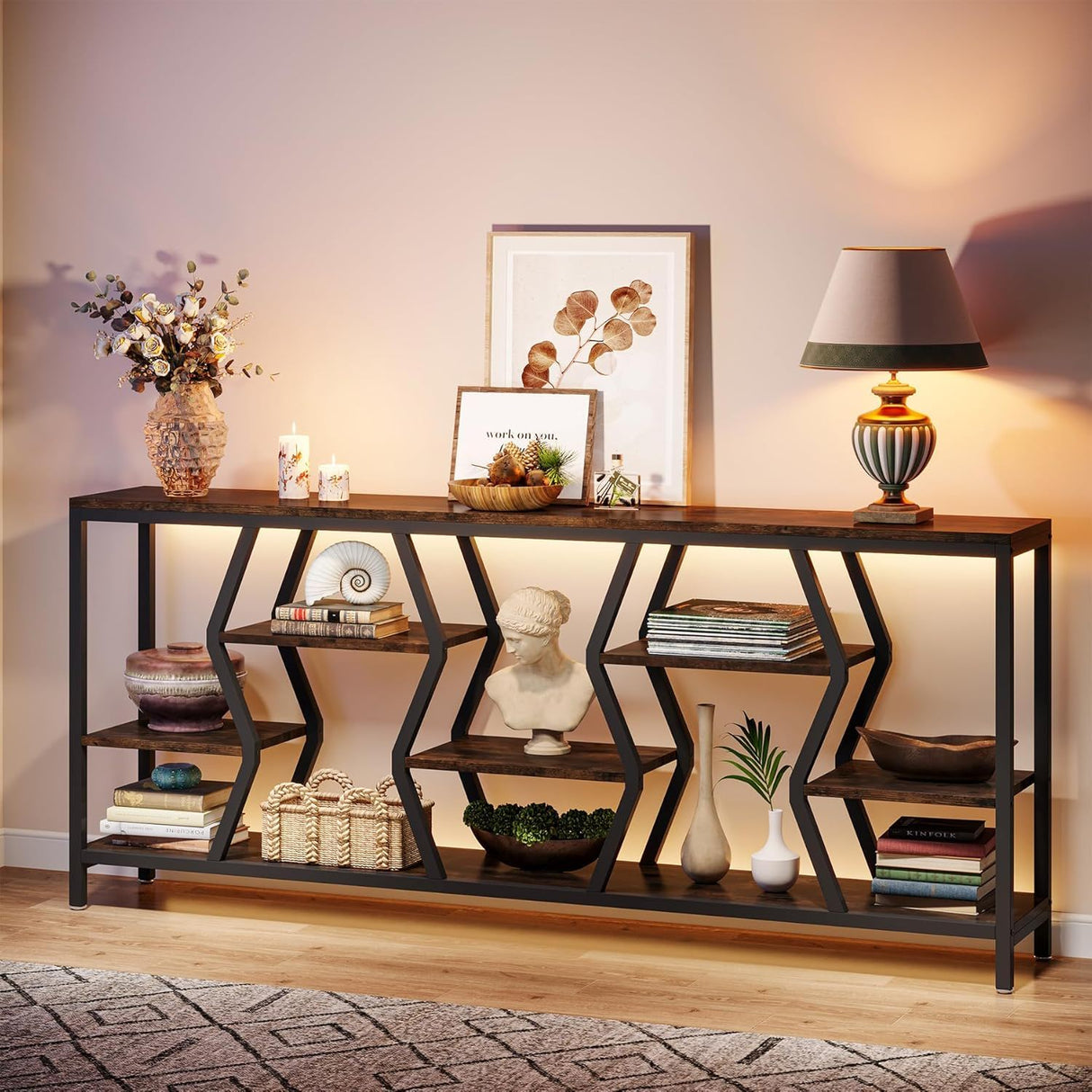 Tribesigns - Extra Long Narrow Sofa Console Table With 4 Tier Storage Shelves - Rustic Brown