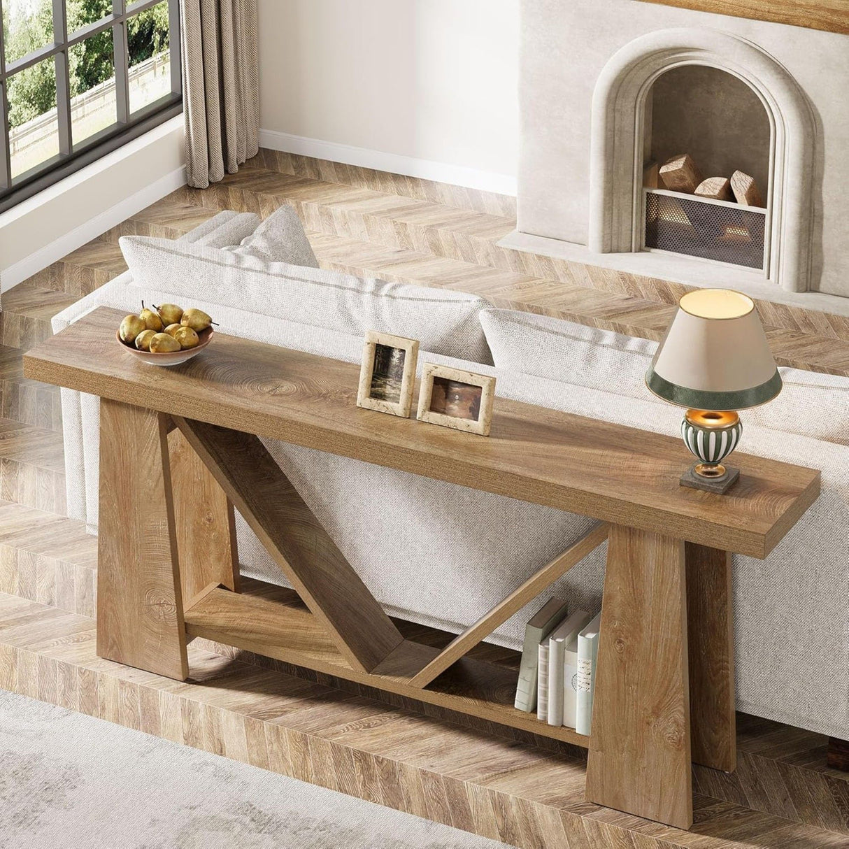 Slim 2 Tier Entryway Accent Extra Long Console Table For Living Room - Natural / Light Brown