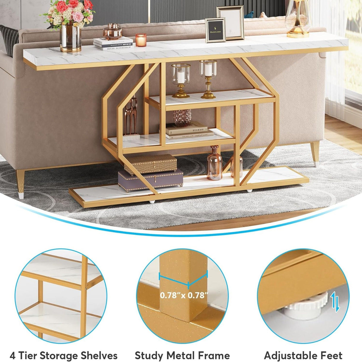 Extra Long Console Table With 4 Tier Storage For Living Hallway - White / Gold
