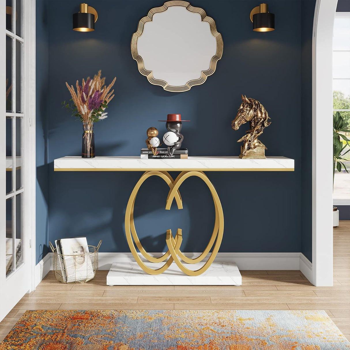Console Table, Geometric Entryway Table For Living Hallway - White / Gold