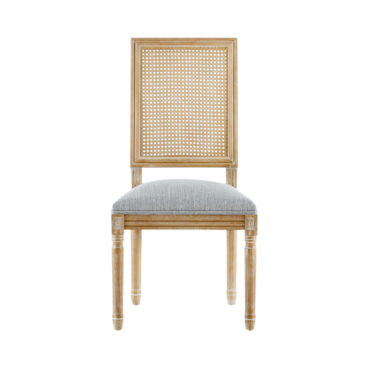 French Country Dining Chair With Rectangular Cane Backrest And Smooth Upholstered Seating