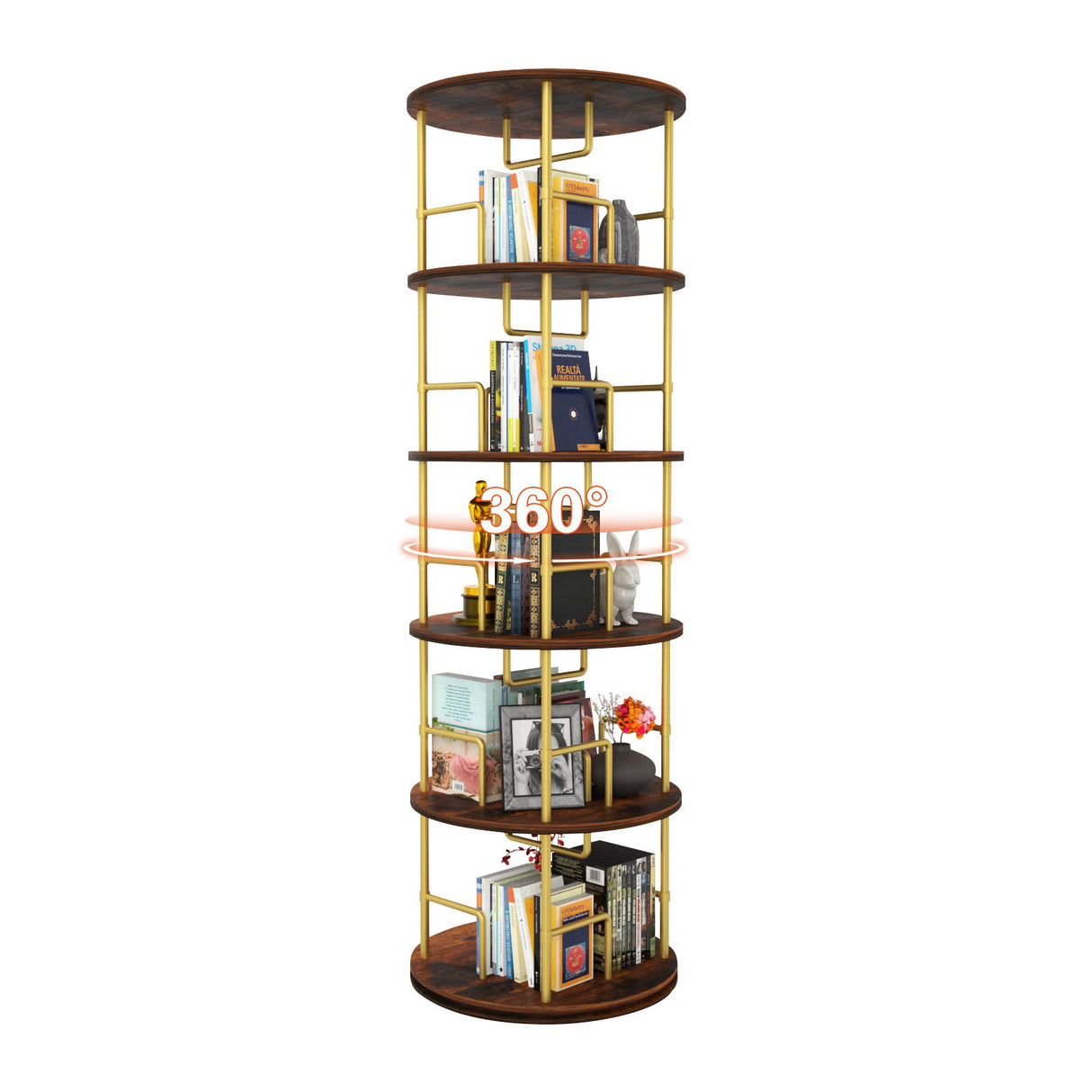 5 Tier 360 Rotating Bookshelf, Display Round Floor Standing Swivel Bookcase For Bedroom - Golden
