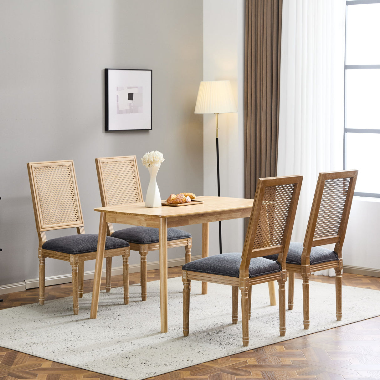 French Country Dining Chair With Rectangular Cane Backrest And Smooth Upholstered Seating