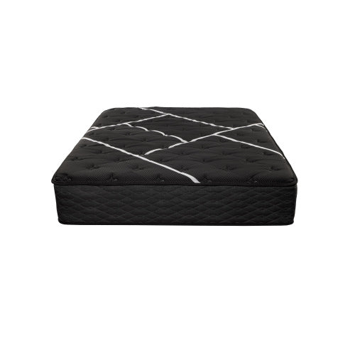 Restonic Black Hybrid Plush mattress with a black quilted cover and white diagonal stitching.
