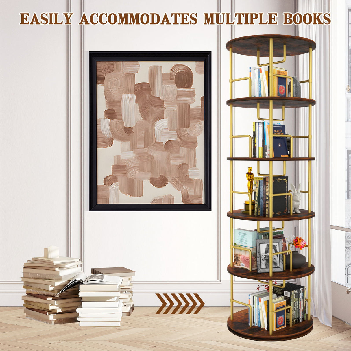 5 Tier 360 Rotating Bookshelf, Display Round Floor Standing Swivel Bookcase For Bedroom - Golden