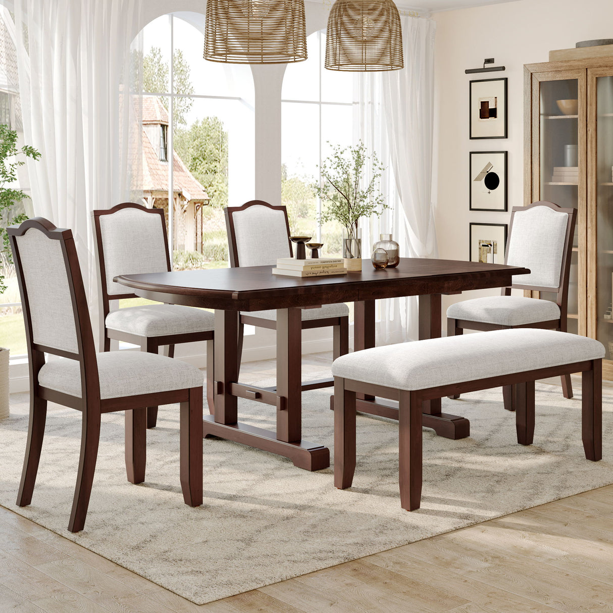 6 Piece Extendable Dining Table Set, Wood Table With Removable Leaf, 4 Upholstered Chairs And Bench - Cherry