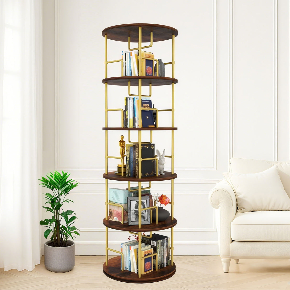 5 Tier 360 Rotating Bookshelf, Display Round Floor Standing Swivel Bookcase For Bedroom - Golden