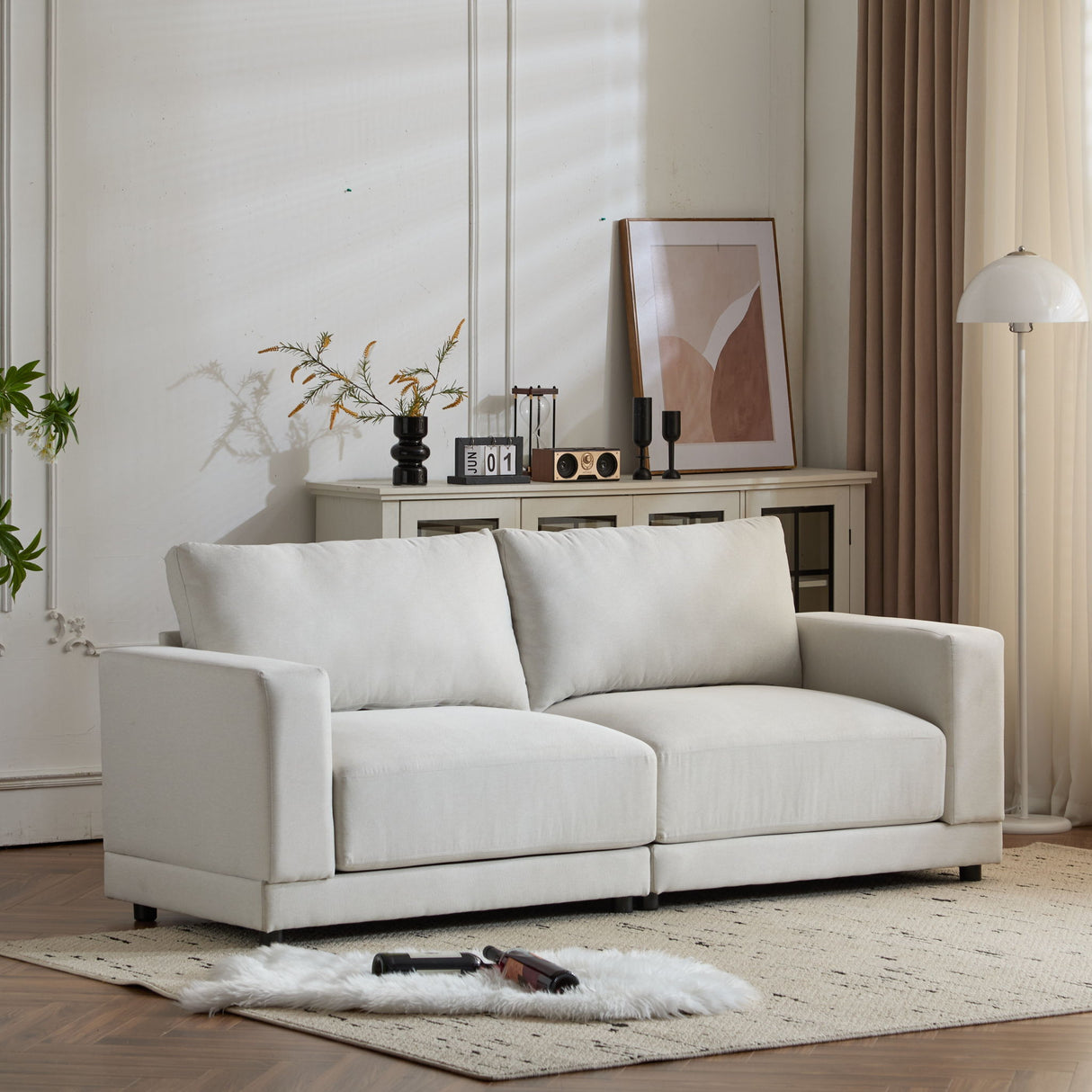 Modern Square Arm Sofa With Soft Fabric Upholstery, Deep Cushions