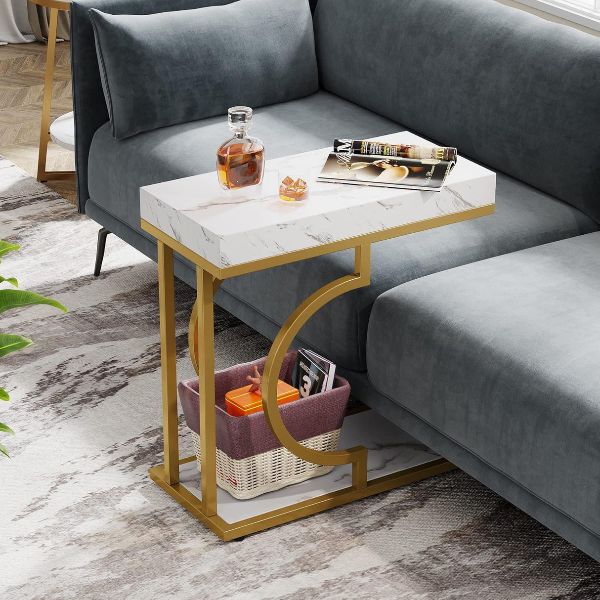 C-Shaped Sofa Side Table For Living Room - White / Gold
