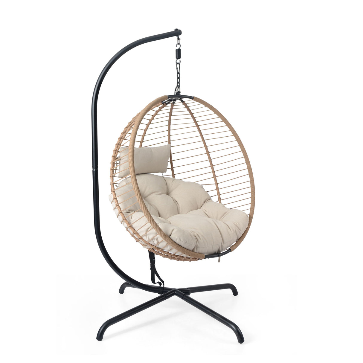 Sora - Outdoor Patio Wicker Hanging Chair With Stand - Beige / Brown