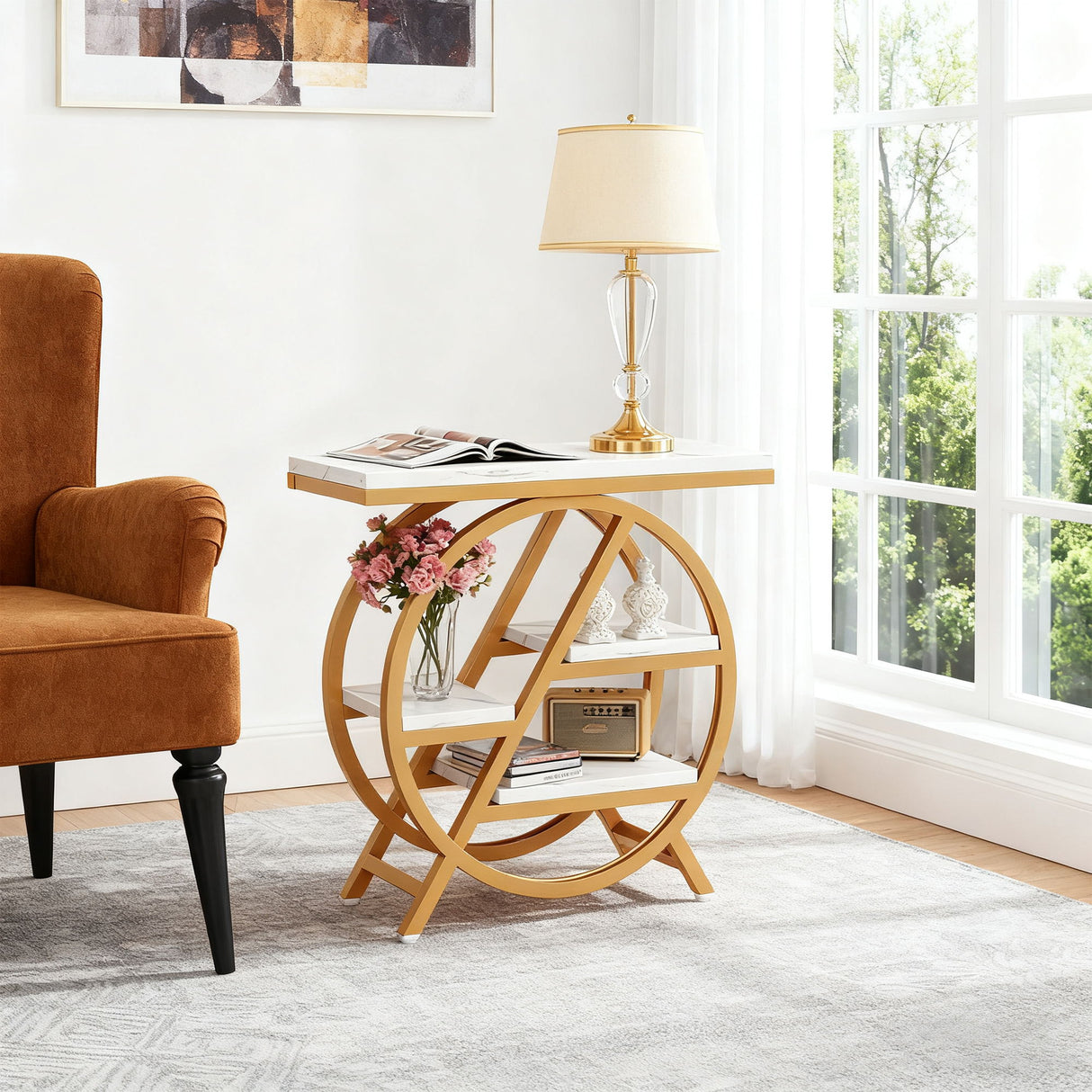 Modern Narrow End Table With 3 Tier Shelves