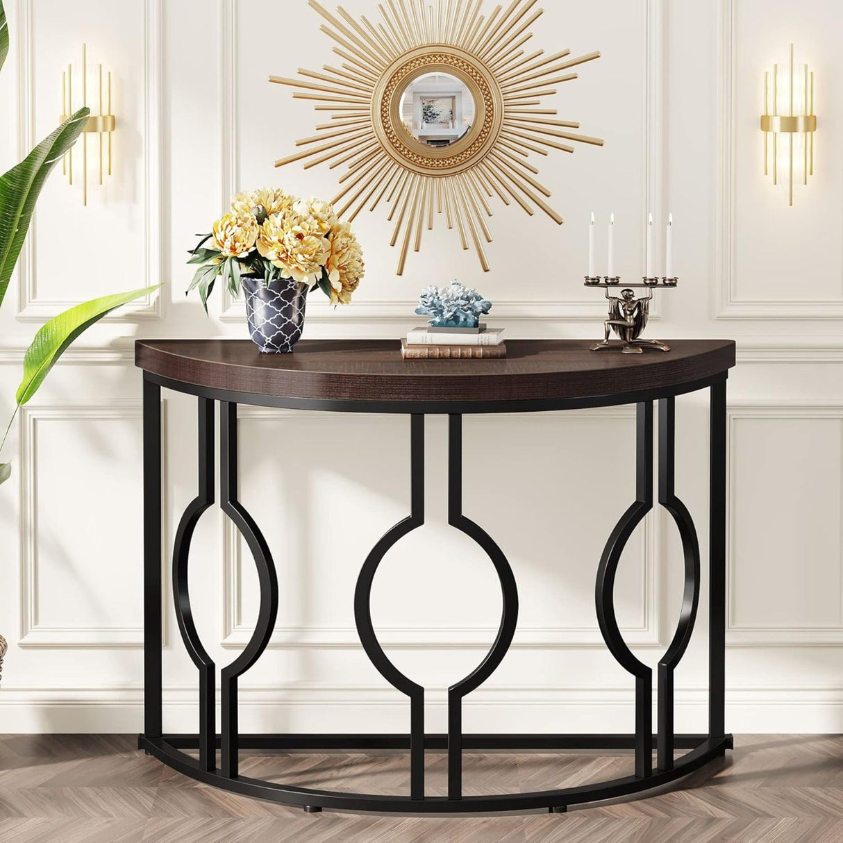 Semi Circle, Half Moon Console Table For Entryway With Geometric Base For Living Hallway - Rustic Brown