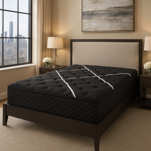 Restonic Black Hybrid Plush mattress with cooling tech, TempaGel memory foam, and Marvelous Middle support on a bed.