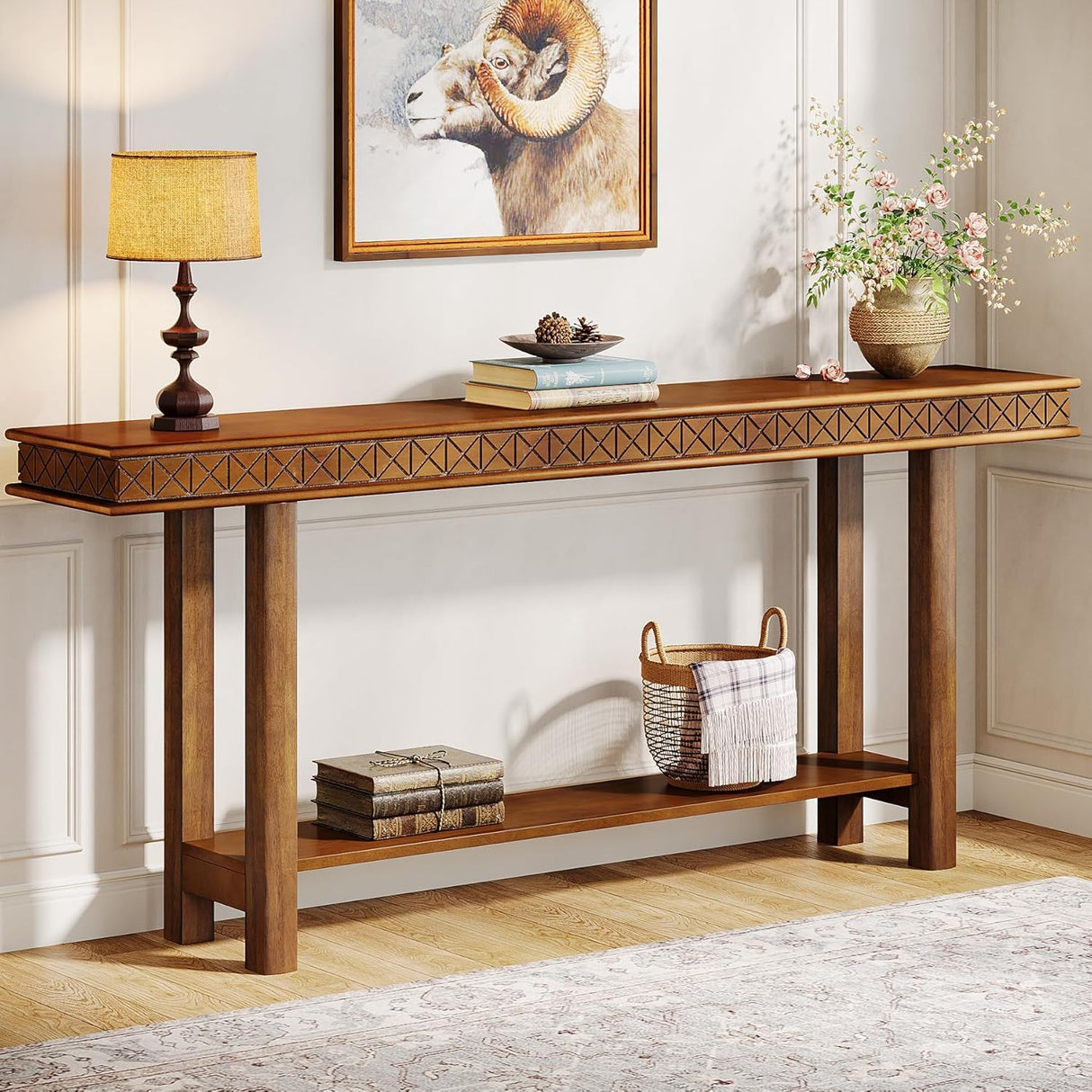 Extra Long Console Table, Sofa Table With 2 Tier Storage For Living Hallway - Rustic Brown