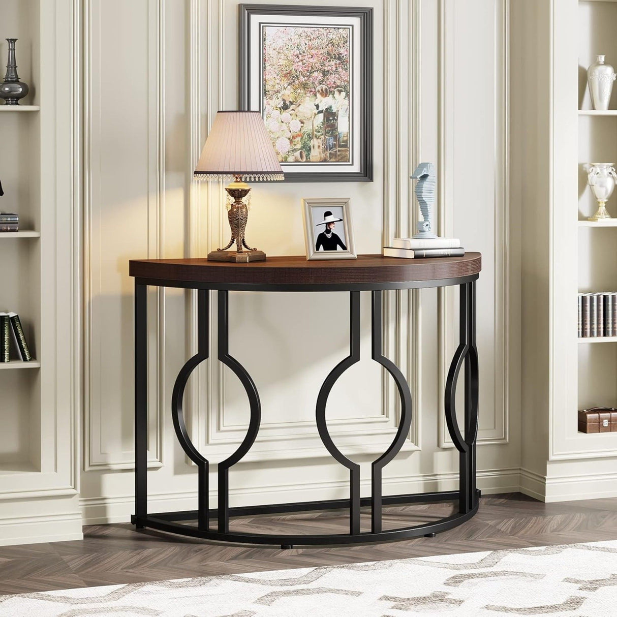 Semi Circle, Half Moon Console Table For Entryway With Geometric Base For Living Hallway - Rustic Brown