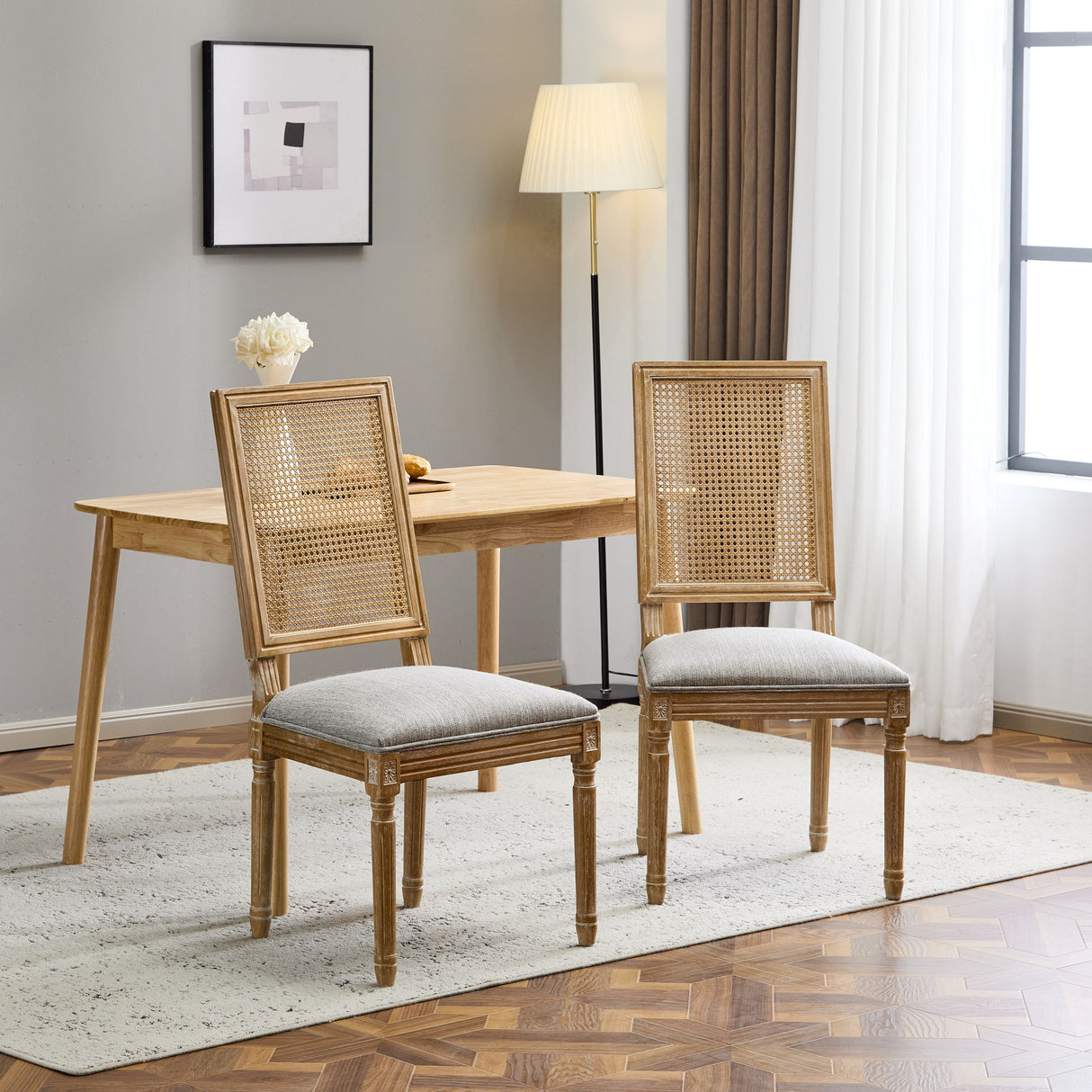 French Country Dining Chair With Rectangular Cane Backrest And Smooth Upholstered Seating
