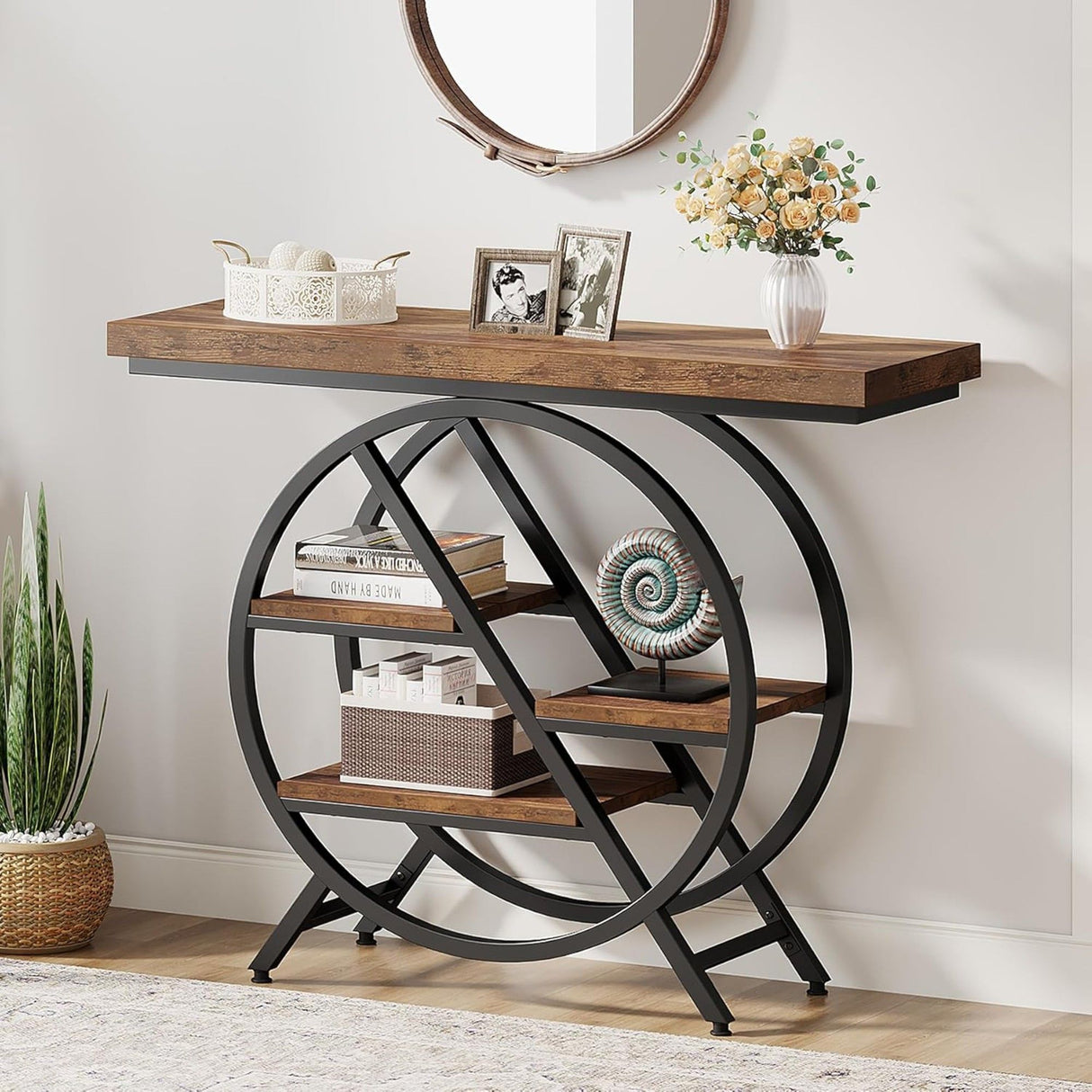 4 Tier Entryway Console Table With Geometric Circle Frame & Storage Shelves - Rustic Brown