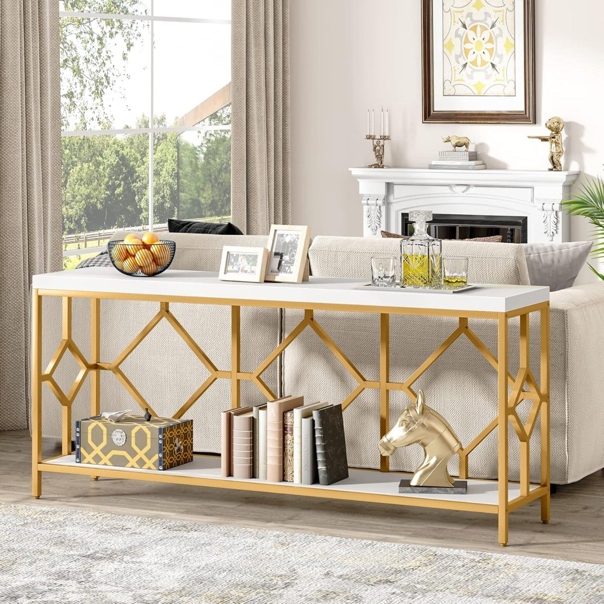 Extra Long Sofa Table With Diamond Pattern Frame, 2 Tier Open Storage For Living Room - White / Gold