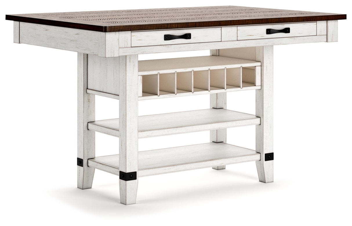 Valebeck - Rect Dining Room Counter Table With Wine Rack - White / Brown